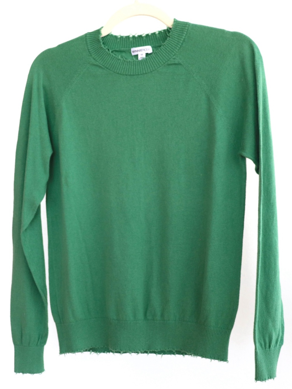 Minnie Rose - Green Distressed Edge Cashmere Sweater - Women’s Size XS